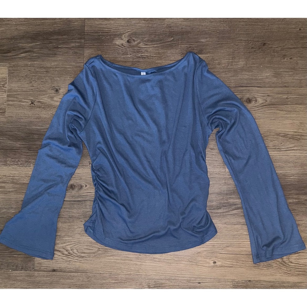 Pretty Garden Womens XL Blue Ribbed Ruched Side Boat Neck Bell Sleeve Top